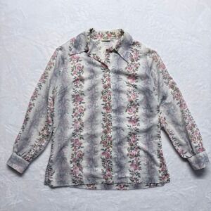 Vintage Permanent Press Floral Striped Button Up Shirt Women's Size 14‎